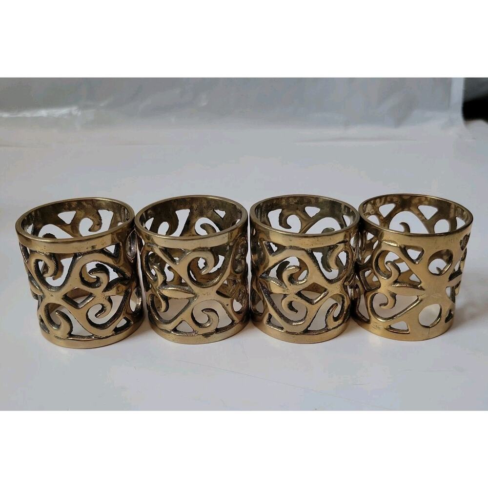 Solid Brass Heavy Napkin Ring Holders Made in India 2 inch MCM Vtg Set of 4 - Picture 2 of 5